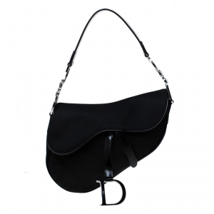 Pre Owned Dior Black Nylon and Patent Leather Saddle Bag