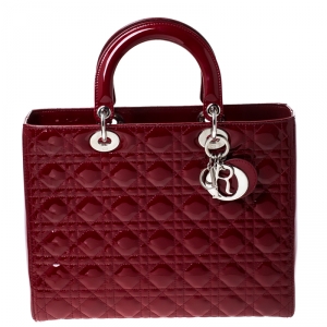 Pre Owned Dior Red Cannage Quilted Patent Leather Large Lady Dior Tote