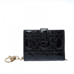 Pre Owned Dior Black Cannage Quilted Patent Leather Lady Dior Compact French Wallet