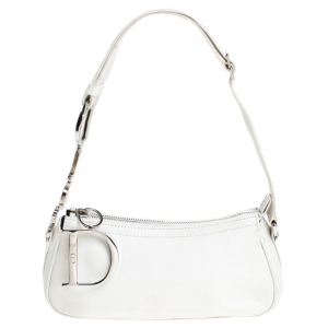 Pre Owned Dior White Leather Logo Charm Shoulder Bag