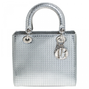 Dior Metallic Silver Micro Cannage Patent Leather Lady Dior Tote 