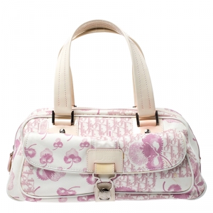Pre Owned Dior Pink/Cream Floral Print Canvas and Patent Leather Satchel