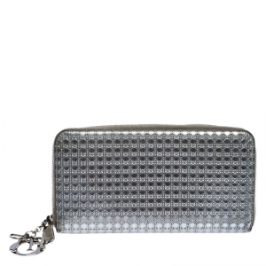 Dior Metallic Silver Cannage Patent Leather Zip Around Wallet 