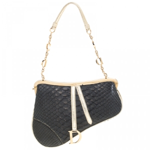 Dior Black/Gold Python and Leather Mini Saddle Bag