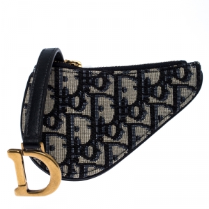 Pre Owned Dior Navy Blue/White Oblique Canvas Saddle Coin Purse