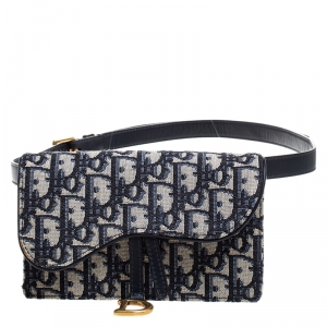 Pre Owned Dior Navy Blue/White Oblique Canvas and Leather Saddle Belt Bag