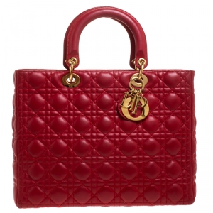 Pre Owned Dior Red Cannage Leather Large Lady Dior Tote