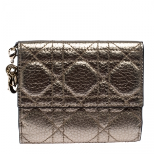 Pre Owned Dior Metallic Gold Cannage Quilted Leather Lady Dior Compact French Wallet