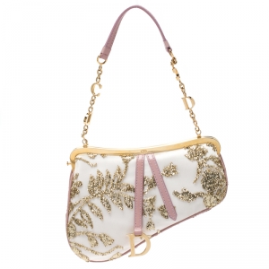 Dior Gold/Pink Embroidered Satin Limited Edition 0226 Mini Saddle Bag