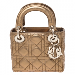 Pre Owned Dior Metallic Gold Leather Mini Lady Dior Tote