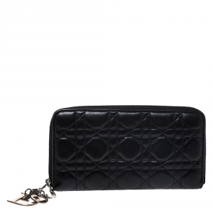 مملوكة مسبقًا Dior Black Cannage Leather Lady Dior Zip Around Wallet