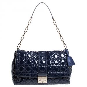 Pre Owned Dior Navy Blue Cannage Patent Leather New Lock Flap Bag
