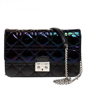 Pre Owned Dior Metallic Black Cannage Patent Leather New Lock Chain Clutch