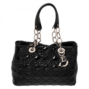 Pre Owned Dior Black Cannage Patent Leather Small Soft Lady Dior Tote