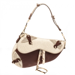 Pre Owned Dior Brown/Gold Leather and Fabric Braided Saddle Bag