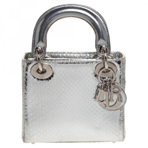 Dior Silver Python and Patent Leather Mini Lady Dior Tote