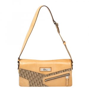 Pre Owned Dior Beige Oblique Canvas And Leather Zip Pocket Shoulder Bag