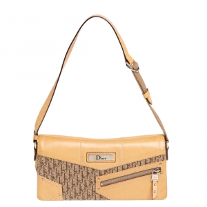 Pre Owned Dior Beige/Brown Oblique Canvas and Leather Zip Pocket Flap Baguette Bag