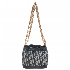Pre Owned Dior Blue Oblique Canvas and Leather Drawstring Chain Bucket Bag