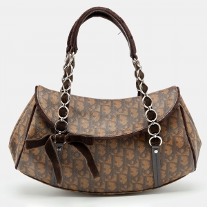 Pre Owned Dior Brown Coated Canvas, Leather and Velvet Romantique Trotter Flap Bag