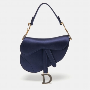 Dior Blue Satin Mini Crystal Embellished Logo Saddle Bag