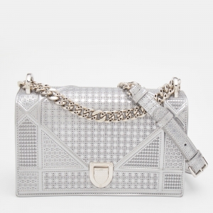 Dior Metallic Silver Micro Cannage Leather Small Diorama Flap Bag