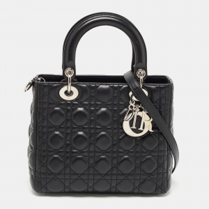 Pre Owned Dior Black Cannage Leather Medium Lady Dior Tote