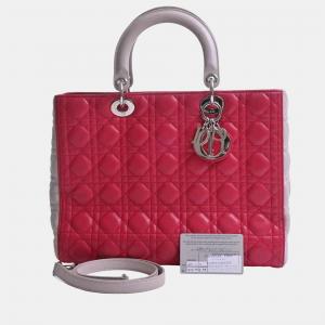 Dior Pink/Grey Cannage Leather Large Lady Dior Top Handle Bag