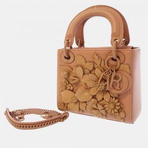 Dior Pink Leather Lady Dior Flower Embroidered Bag