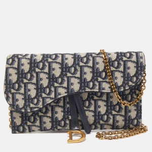 Pre Owned Dior Navy Blue Oblique Canvas and Leather Saddle Wallet On Chain