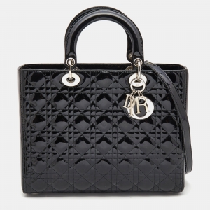 Pre Owned Dior Black Cannage Patent Leather Large Lady Dior Tote