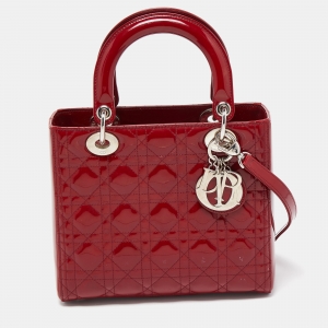 Pre Owned Dior Red Cannage Patent Leather Medium Lady Dior Tote