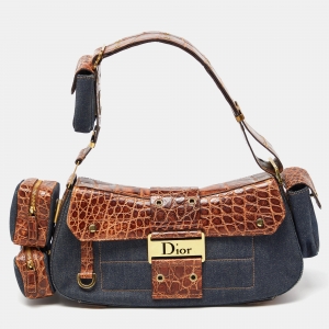 Pre Owned Dior Denim/Brown Denim and Croc Street Chic Columbus Avenue Multipocket Shoulder Bag