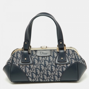 Pre Owned Dior Navy Blue Oblique Canvas and Leather Frame Satchel