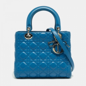 Pre Owned Dior Blue Cannage Leather Medium Lady Dior Tote