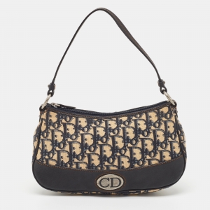 Pre Owned Dior Navy Blue Oblique Canvas and Leather Baguette Bag