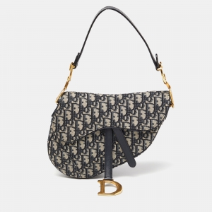 Pre Owned Dior Navy Blue Oblique Canvas and Leather Saddle Bag