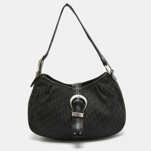 Pre Owned Dior Black Oblique Canvas and Leather Buckle Flap Hobo