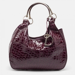 Pre Owned Dior Purple Croc Embossed Patent Leather 61 Tote