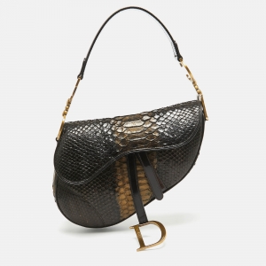 Pre Owned Dior Dark Brown/Gold Python and Patent Leather Saddle Bag