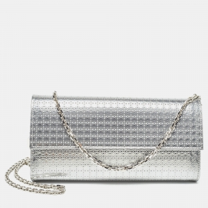 Dior Silver Microcannage Patent Leather Lady Dior Croisiere Wallet on Chain