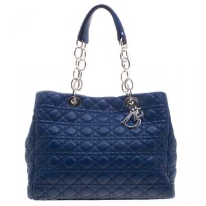Pre Owned Dior Blue Cannage Soft Leather Large Shopping Tote