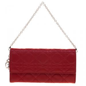 Pre Owned Dior Red Cannage Leather Wallet on Chain