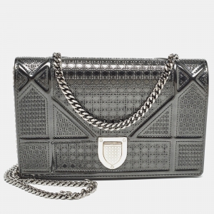 Pre Owned Dior Dark Grey Micro Cannage Patent Leather Diorama Wallet on Chain
