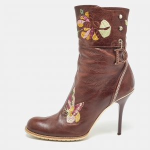 Dior Brown Leather Flower Print Ankle Boots Size 40.5