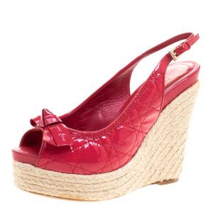 Dior Coral Red Patent Cannage Leather Espadrille Wedge Sandals Size 38.5