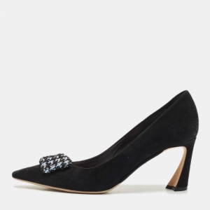 Dior Black/White Suede Houndstooth Buckle Pointed Toe Pumps Size 37.5