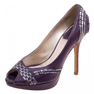مملوكة مسبقًا حذاء كعب عالي ديور نعل سميك مقدمة مفتوحة جلد فضية/ بنفسجية مقاس 36