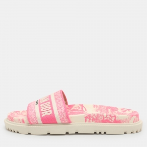 Pre Owned Dior Dway Size 38 Pink/White Toile De Jouy Embroidered Canvas Flat Slides 
