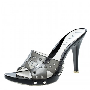 Dior Black Leather And PVC Logo Peep Toe Slides Size 37